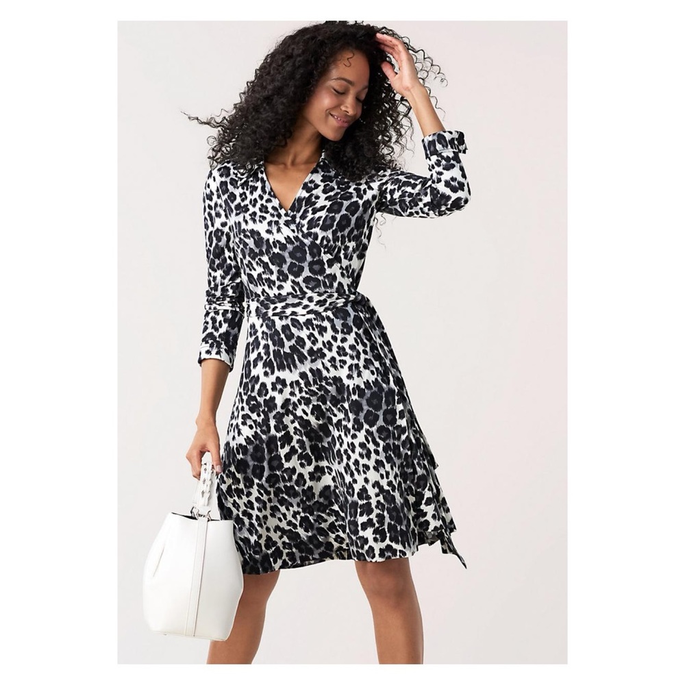 Diane Von Furstenberg Black&White Heritage Snow Cheetah Silk Wrap Dress Sz.M